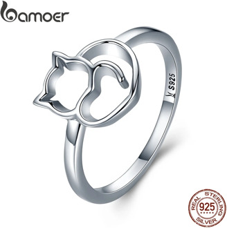 BAMOER Authentic 100% 925 Sterling Silver Naughty Little Cat & Heart Finger Ring for Women Sterling Silver Jewelry Gift SCR104