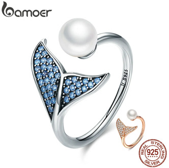 BAMOER Authentic 925 Sterling Silver Adjustable Dolphin Tail Blue CZ Finger Rings for Women Sterling Silver Jewelry Gift SCR286