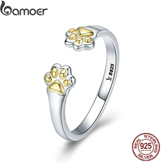 BAMOER Authentic 925 Sterling Silver Animal Footprints Open Size Adjustable Finger Rings for Women Party Wedding Jewelry SCR430