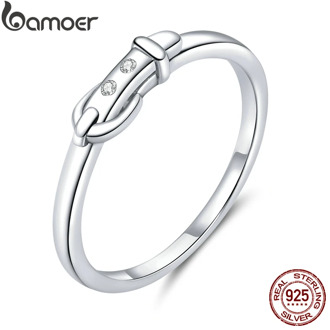 bamoer Authentic 925 Sterling Silver Belt Buckle Pattern Finger Rings for Women Minimalist Design Jewelry Accessories SCR645