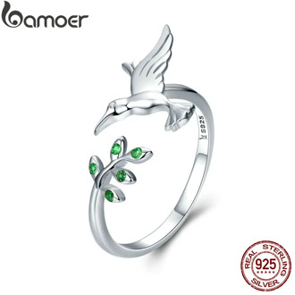 BAMOER Authentic 925 Sterling Silver Bird & Spring Tree Leaves Open Size Finger Rings for Women Sterling Silver Jewelry SCR323