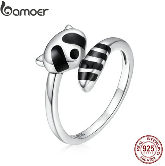 bamoer Authentic 925 Sterling Silver Black Enamel Raccoon Finger Rings for Women Adjustable Free Size Fine Jewelry SCR652