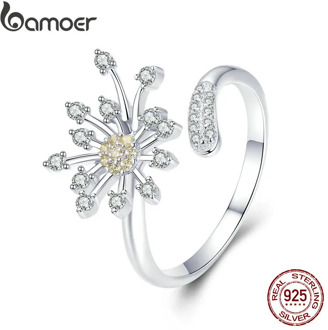 BAMOER Authentic 925 Sterling Silver Blooming Dandelion Love CZ Adjustable Rings for Women Wedding Engagement Jewelry SCR471