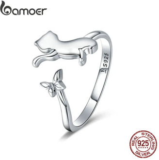 BAMOER Authentic 925 Sterling Silver Butterfly Tail Cat Adjustable Finger Rings for Women Sterling Silver Ring Jewelry SCR443