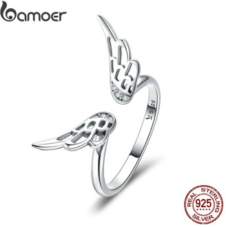 BAMOER Authentic 925 Sterling Silver Classic Feathers Wings Adjustable Finger Rings for Women Wedding Engagement Jewelry SCR457