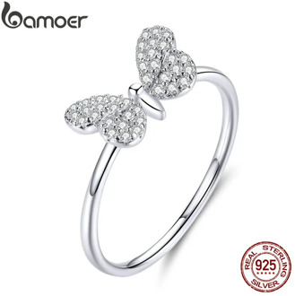 bamoer Authentic 925 Sterling Silver Clear CZ Butterfly Finger Rings for Women Wedding Statement Band Anniversary Gifts SCR621