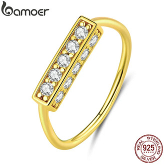 bamoer Authentic 925 Sterling Silver Clear CZ Finger Ring for Women Geometric Design Luxury Wedding Fine Jewelry Band BSR085