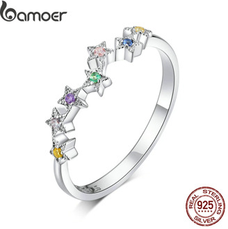 bamoer Authentic 925 Sterling Silver Colorful Star Line Finger Rings for Women Hypoallergenic Gift Statement Jewelry BSR133