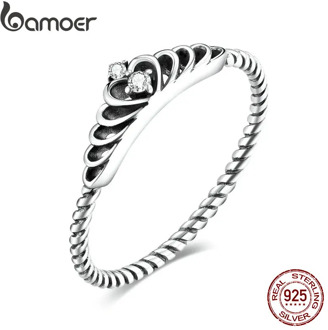 bamoer Authentic 925 Sterling Silver Dazzling Crown CZ Pendant Finger Rings for Women Engagement Statement Jewelry SCR663