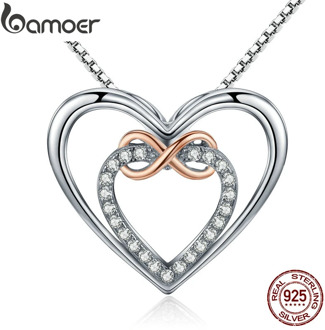 BAMOER Authentic 925 Sterling Silver Elegant Infinity Love Double Heart Pendant Necklaces for Women Fine Jewelry Gift SCN121