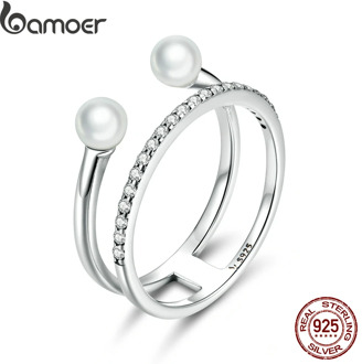 bamoer Authentic 925 Sterling Silver Geometric Shell Beads CZ Pendant Finger Rings for Women Engagement Statement Jewelry SCR668