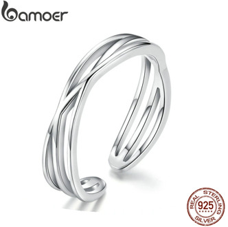 BAMOER Authentic 925 Sterling Silver Geometric Twisted Wave Open Size Finger Rings Women Wedding Engagement Jewelry SCR483