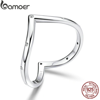 bamoer Authentic 925 Sterling Silver Heart Finger Rings for Women Minimalist Simple Ring for Wedding Engagement Jewelry SCR622