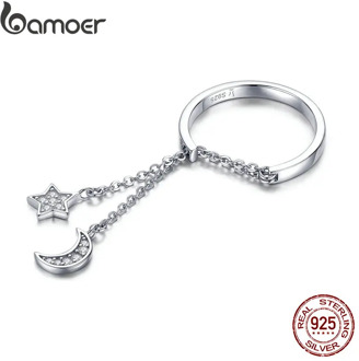 BAMOER Authentic 925 Sterling Silver Moon and Star Link Chain Adjustable Finger Rings for Women S925 2019 New Design SCR407