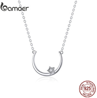 bamoer Authentic 925 Sterling Silver Moon and Star Necklace for Women Fashion Bijoux Wedding Statement Jewelry Gifts SCN382