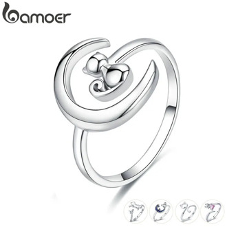 BAMOER Authentic 925 Sterling Silver Moon Cat Open Size Adjustable Finger Rings for Women Wedding Engagement Jewelry SCR451