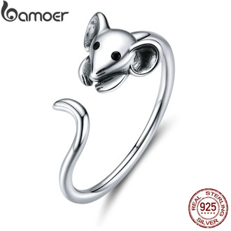 bamoer Authentic 925 Sterling Silver Mouse Animal Adjustable Finger Ring for Women 2020 Zodiac Fashion Jewelry Bijoux SCR632