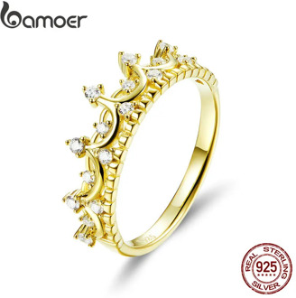BAMOER Authentic 925 Sterling Silver Princess Crown Gold Color Crown Rings for Women Wedding Ring Jewelry Anel SCR493