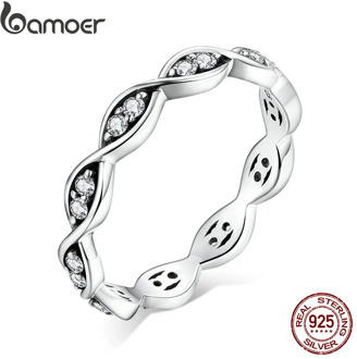 bamoer Authentic 925 Sterling Silver Simple Lines CZ Pendant Finger Rings for Women Engagement Statement Jewelry SCR665