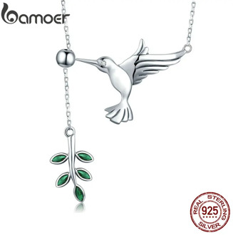 BAMOER Authentic 925 Sterling Silver Spring Bird & Tree Leaf Leaves Dangle Pendant Necklace for Women Silver Jewelry SCN217