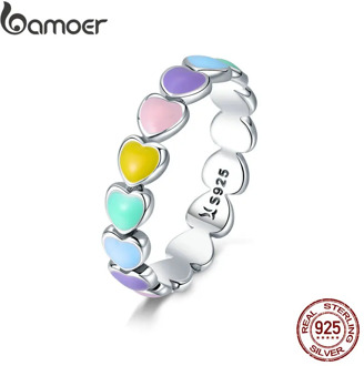 BAMOER Authentic 925 Sterling Silver Stackable Rainbow Heart Finger Rings for Women Wedding Engagement Ring Jewelry Anel SCR444