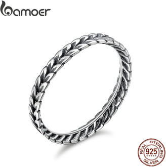 BAMOER Authentic 925 Sterling Silver Stackable Ring Wheat Shape Arrow Finger Ring Women Vintage Sterling Silver Jewelry SCR139