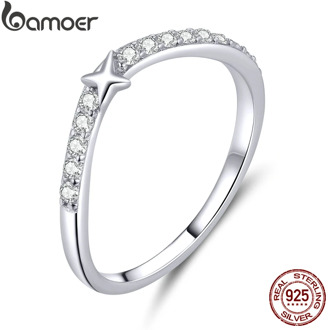 bamoer Authentic 925 Sterling Silver Transparent CZ Little Star Finger Rings for Women Wedding Statement Fine Jewelry BSR112