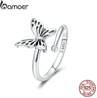 BAMOER Authentic 925 Sterling Silver Vintage Butterfly Adjustable Finger Rings for Women Wedding Engagement Ring Jewelry SCR448