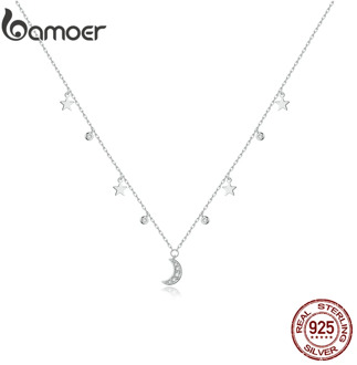 bamoer Authentic 925 Sterling Silver White Moon & Star Pendant Necklace for Women Chain Link Necklaces Silver 925 Jewelry SCN420