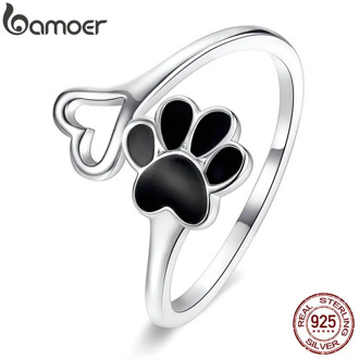 bamoer Authentic Sterling Silver 925 Black Enamel Dog Paw Heart Adjustable Finger Rings for Women Jewelry Accessories SCR584