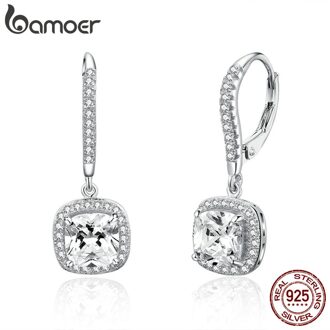 Bamoer Authentieke 925 Sterling Zilver Dazzling Kubieke Zirkoon Vierkante Geometrische Oorbellen Voor Vrouwen Bruiloft Sieraden SCE520