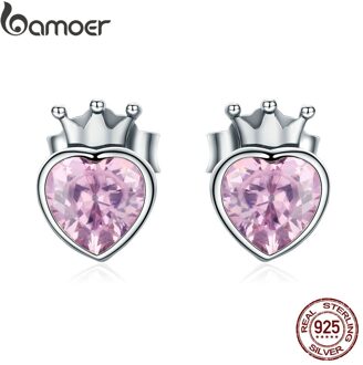 Bamoer Authentieke 925 Sterling Zilver Sweet Roze Hart Van Crown Stud Oorbellen Voor Vrouwen Luxe Zilveren Sieraden Bijoux SCE174
