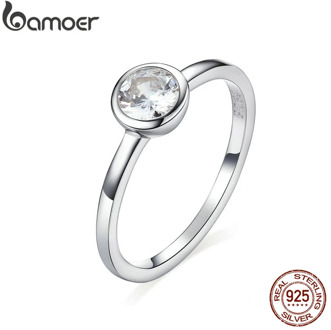 bamoer Basic Clear Zirconia Finger Ring 925 Sterling Silver Minimalist Women Engagement Wedding Band Ring SCR535