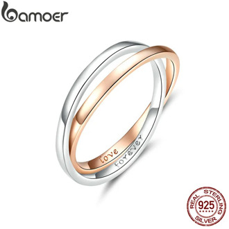bamoer Biocolor Double Finger Rings 925 Silver Couple Engagement Ring for Women and Men Rose Gold Color Jewelry BSR053