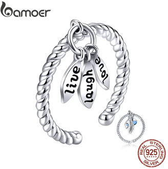 bamoer Boho Tiny Pendant Finger Ring for Women "Love Live Laugh" Courage Rings Vintage 925 Sterling Silver Jewelry SCR570