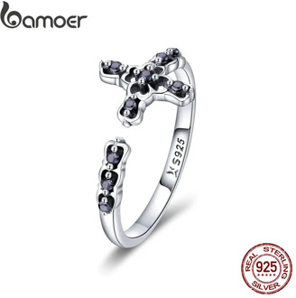 BAMOER Classic 925 Sterling Silver Faith Cross Adjustable Finger Rings for Women Black CZ Sterling Silver Ring Jewelry SCR447