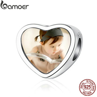 bamoer Customized DIY Heart Beads Custom Photo Charm for Bracelet & Bangle 925 Sterling Silver Jewelry Unique Gift BSC103