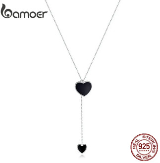 bamoer Double Heart Necklace for Women Simple Black Enamel Y-shape Chain Necklaces 925 Femme Sterling Silver Jewelry BSN095