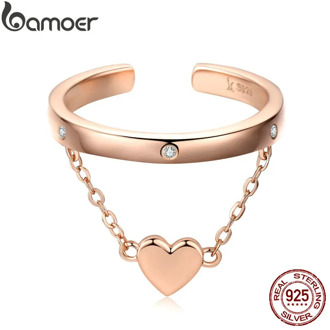 bamoer Double Layer Heart Wedding Ring Band for Women Rose Gold Color 925 Sterling Silver Engagement Statement Jewelry SCR572