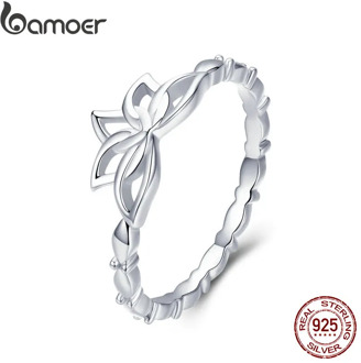 BAMOER Elegant Authentic 925 Sterling Silver Lotus Flower Finger Rings Flower Rings for Women Sterling Silver Jewelry BSR018