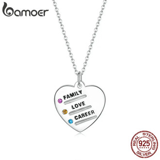 bamoer Engraved Heart Pendant Necklace for Women 925 Sterling Silver Family Chain Necklaces Silver Jewelry BSN058