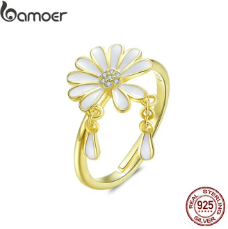 bamoer Falling Petal Daisy Finger Rings for Women White Enamel Flower Design Adjustable Ring Sterling Silver 925 Jewelry BSR050