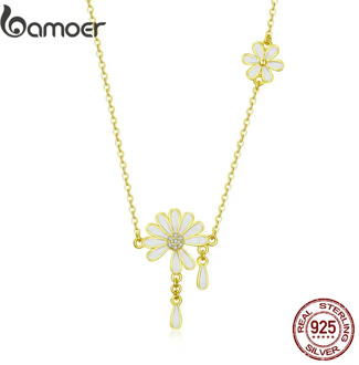 bamoer Falling Petal Daisy Necklaces for Women 925 Sterling Silver Real Gold Color Enamel Flower Necklace Bijoux 2019 BSN076