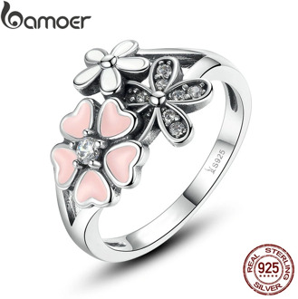 BAMOER Fashion 925 Sterling Silver Pink Flower Poetic Daisy Cherry Blossom Finger Ring for Women #6 7 8 9 Size Jewelry SCR004