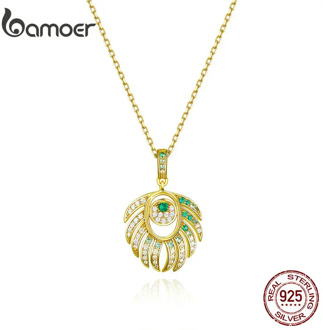 bamoer Feather of Peacock Queen Pendant Necklace Women 925 Sterling Silver Gold Color Wedding Statement Jewelry Gifts BSN112