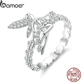 bamoer Flower Elf Finger Rings for Women authentic 925 Sterling Silver CZ Wedding Statement Jewelry Accessories Bague BSR104