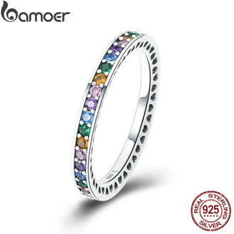 BAMOER Genuine 100% 925 Sterling Silver Colorful CZ Crystal Round Pave Finger Rings Engagement Wedding Jewelry Gift S925 SCR392