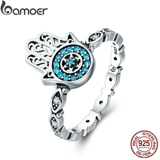BAMOER Genuine 100% 925 Sterling Silver Fatima's Guarding Hand Blue CZ Eyes Finger Ring for Women Engagement Jewelry SCR369
