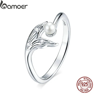 bamoer Genuine 925 Sterling Silver Fish Tail Adjustable Finger Rings for Women Free Size Pearl Jewelry Bijoux 2020 Summer BSR124