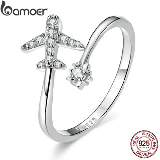 bamoer Genuine 925 Sterling Silver Flying Plane Open Finger Rings for Women Clear CZ Adjustable Rings Fine Jewelry Bijoux SCR623